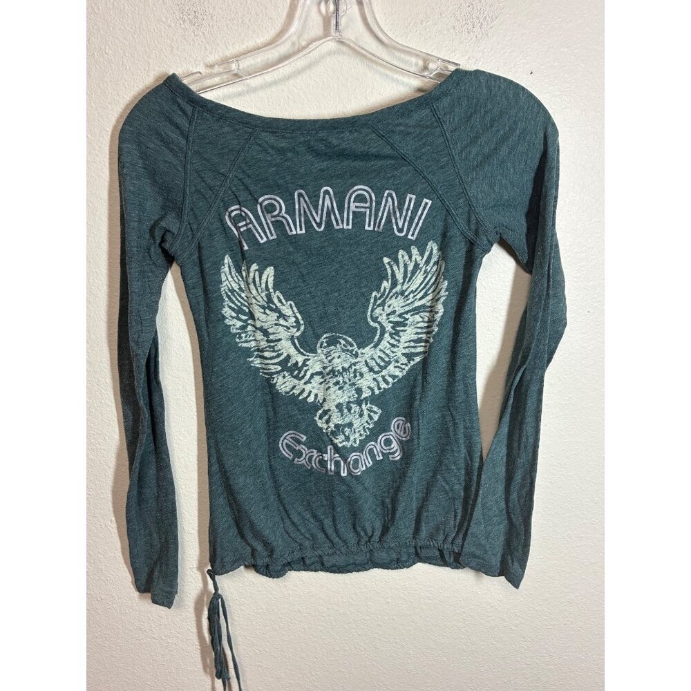 VTG Armani Exchange Long Sleeve T-Shirt Y2K Logo Casual Green Size XS